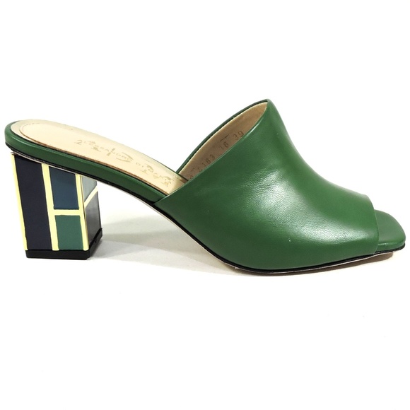 ALESSANDRO DI MARIA 🇮🇹 WOMEN'S GREEN SOFT LEATHER SUMMER MULES - Picture 4 of 9